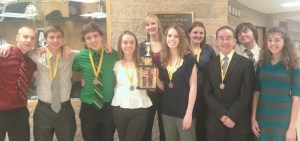 Andover Central 3rd in sweeps (L-R Harvey Self, Blaine Smith, Laken Baker, Kayla Davis, Ericka Feltrop, Alexa Jacobs, RaeLynn Roe, Alex Meek, Keegan Haist, Ashley Keller